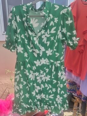 Green Floral Mini Dress with Ruffle Hem
